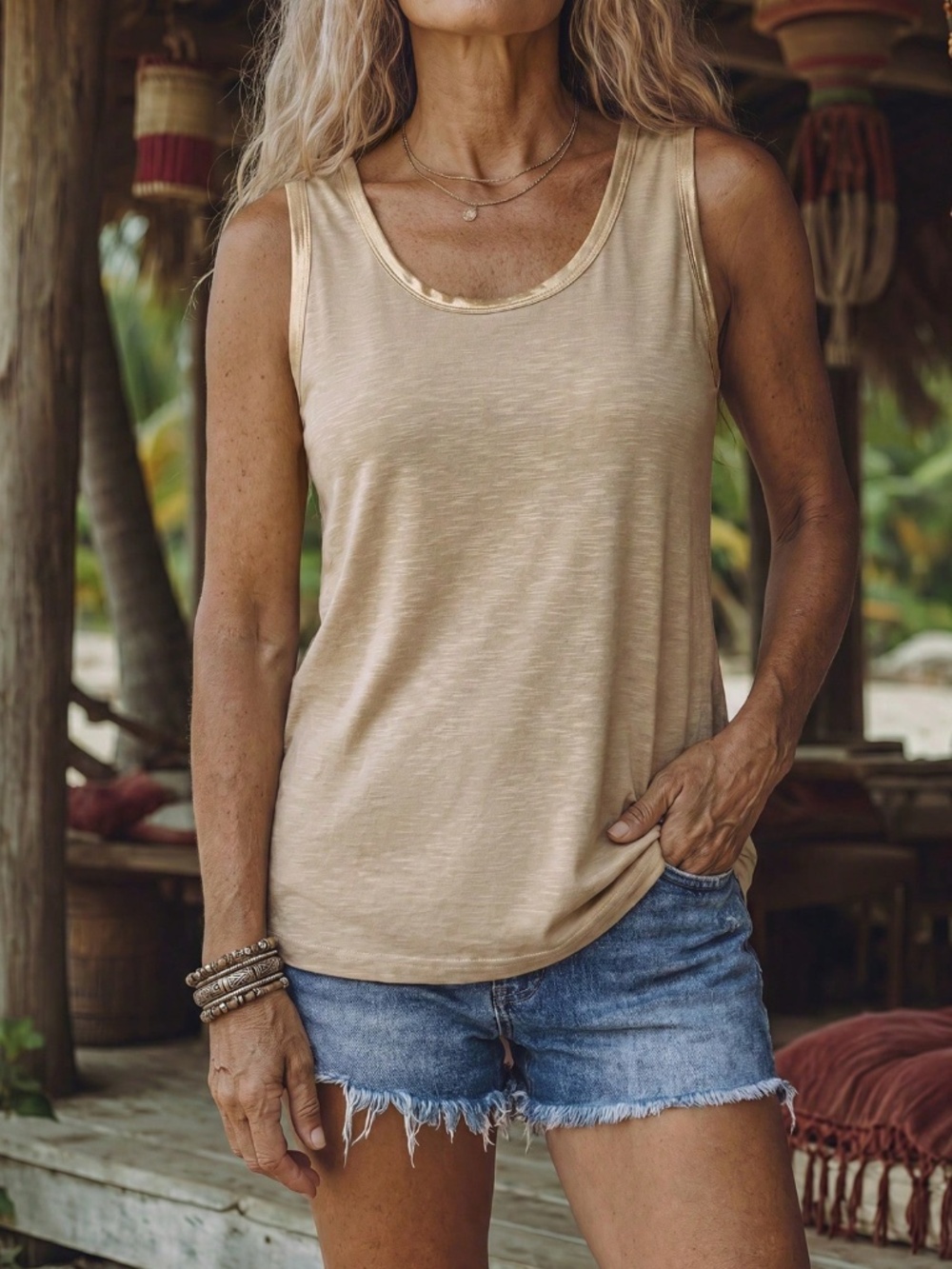 Beige Tank Top Gold Piping Trim - Picture 7 of 10